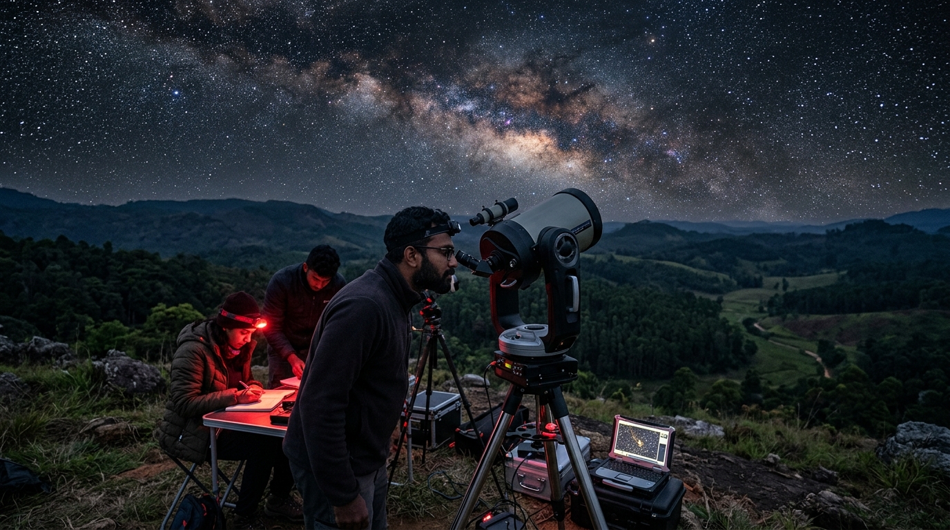Researchers in the field at night in Sri Lanka
